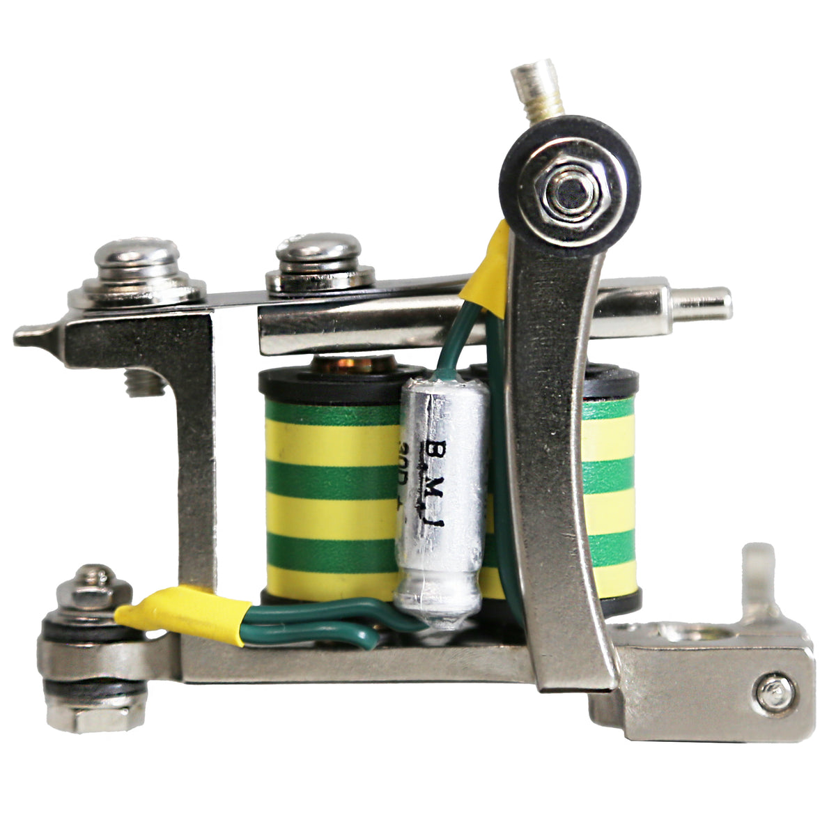 Mini Bulldog liner coil tattoo machine with green and yellow coil wrap