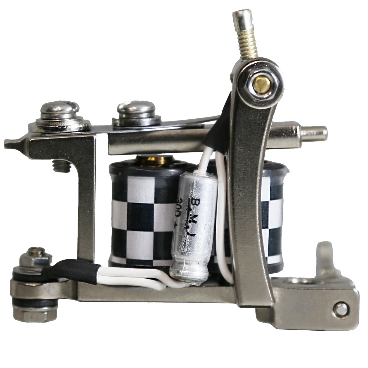 Mini Bulldog liner coil tattoo machine with black-and-white checkerboard coil wrap
