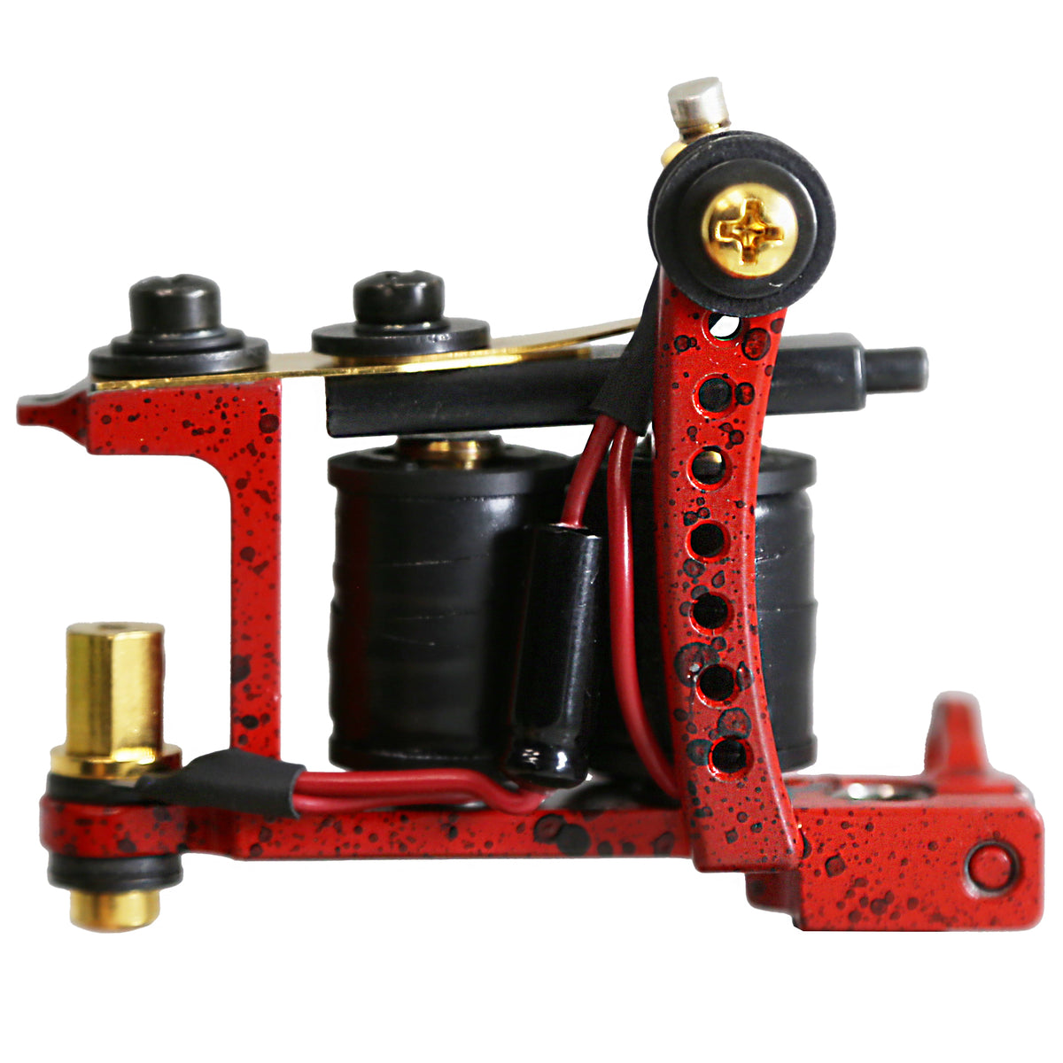 Mini Bulldog liner coil tattoo machine with red splatter finish and black coils