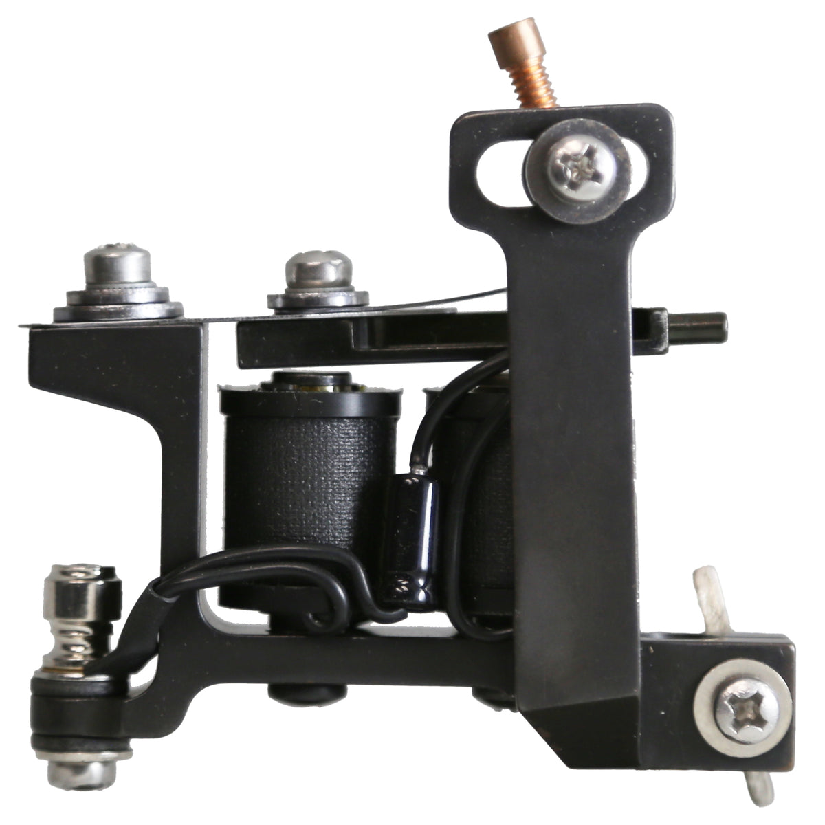 Close-up of a precision tattoo machine with a 'Made in USA' engraving. Features custom-wrapped coils and a polished finish, reflecting traditional American craftsmanship.