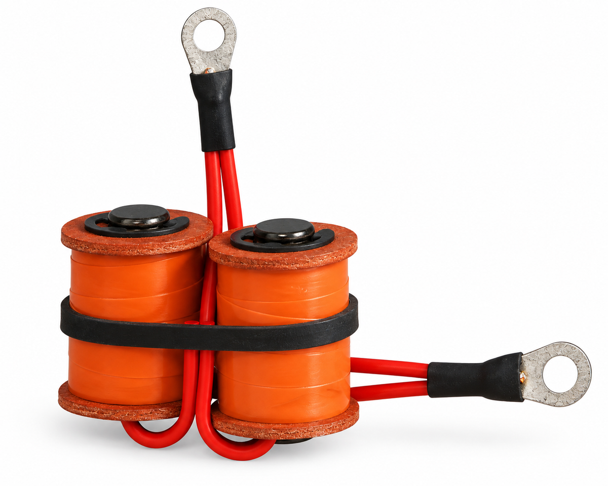 ucky Supply 1 inch 8-wrap custom tattoo machine coil set with 35V 47µF capacitor.