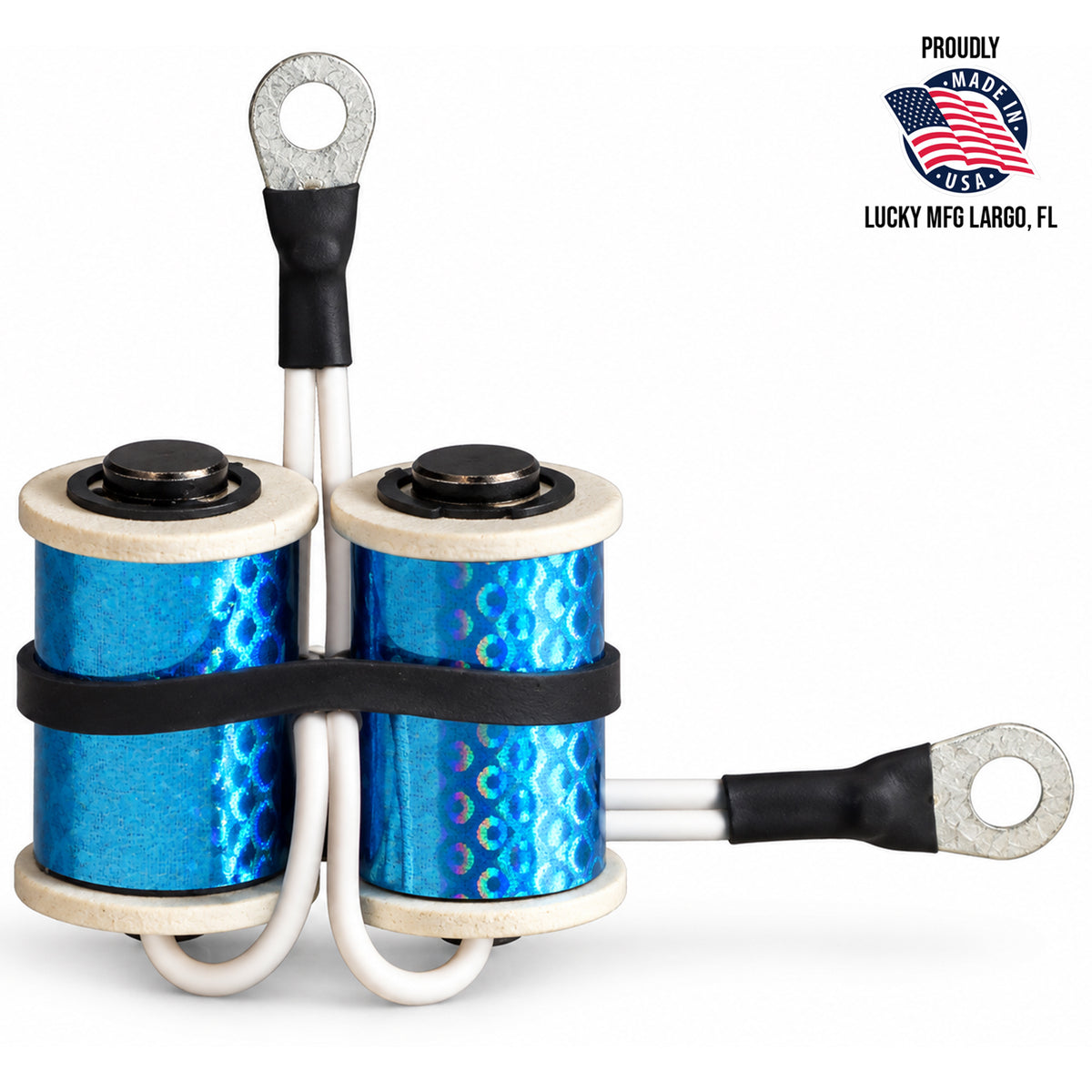 Lucky Supply 1 1/8 inch 8-wrap custom tattoo machine coil set with 35V 47µF capacitor.