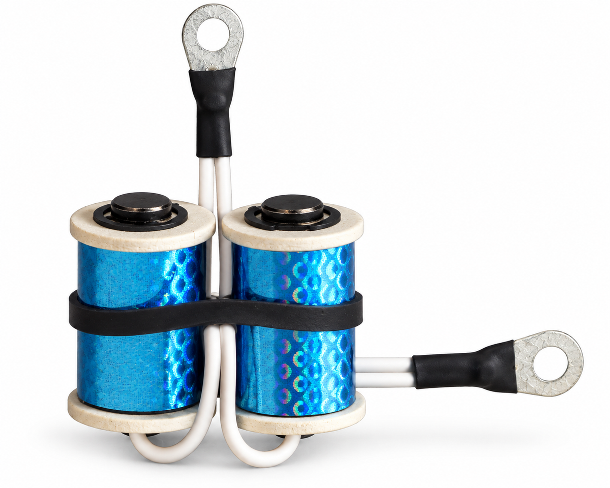 Lucky Supply 1 1/8 inch 8-wrap custom tattoo machine coil set with 35V 47µF capacitor.