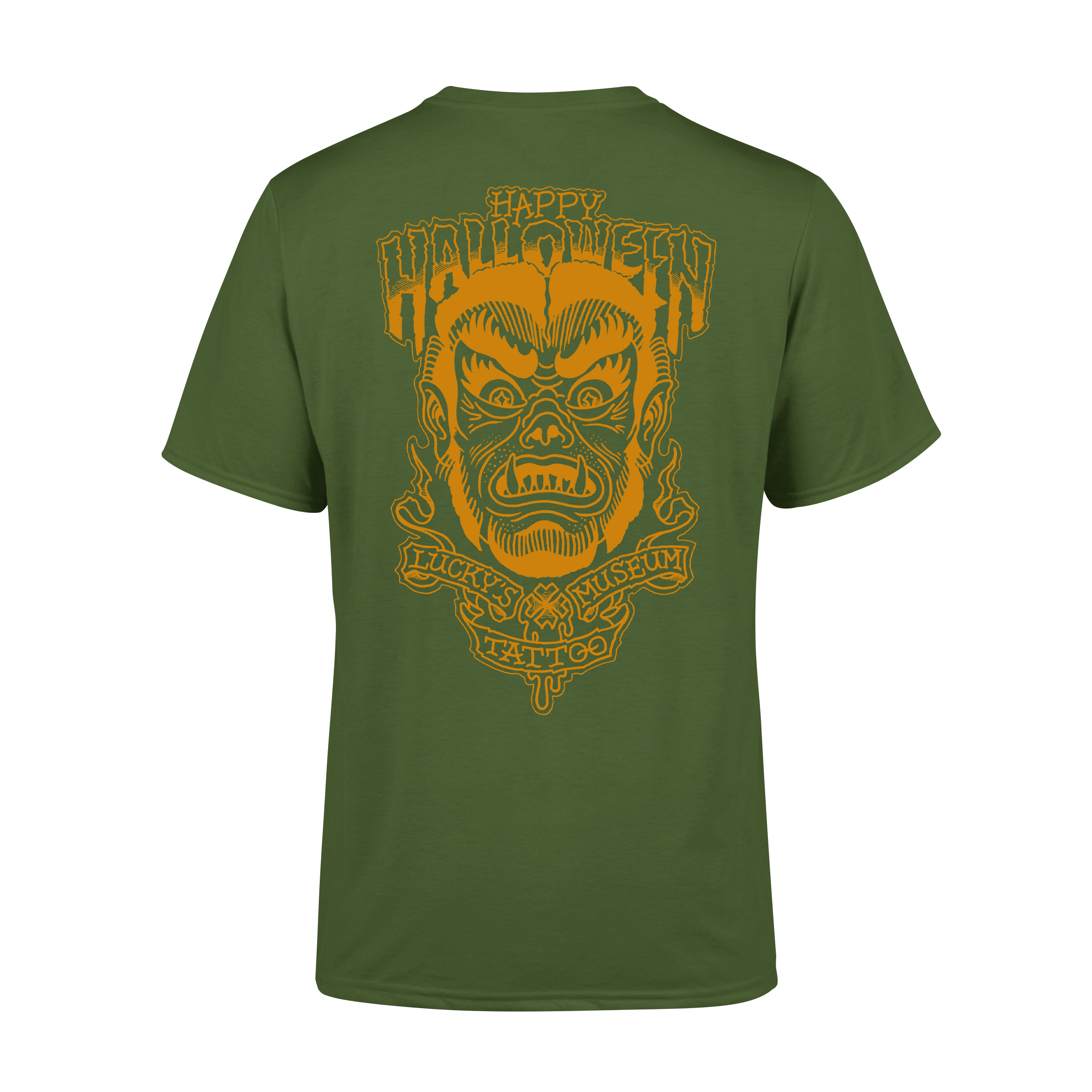 Green t-shirt with a graphic design on the back featuring a face and text.