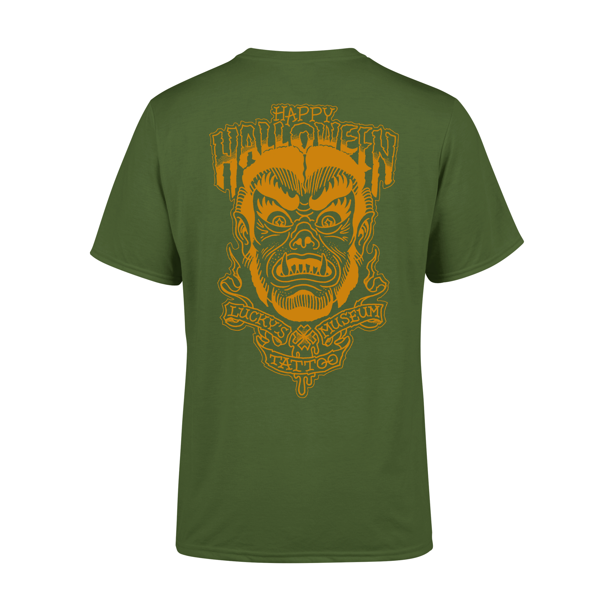 Green t-shirt with a graphic design on the back featuring a face and text.