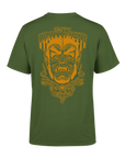 Green t-shirt with a graphic design on the back featuring a face and text.