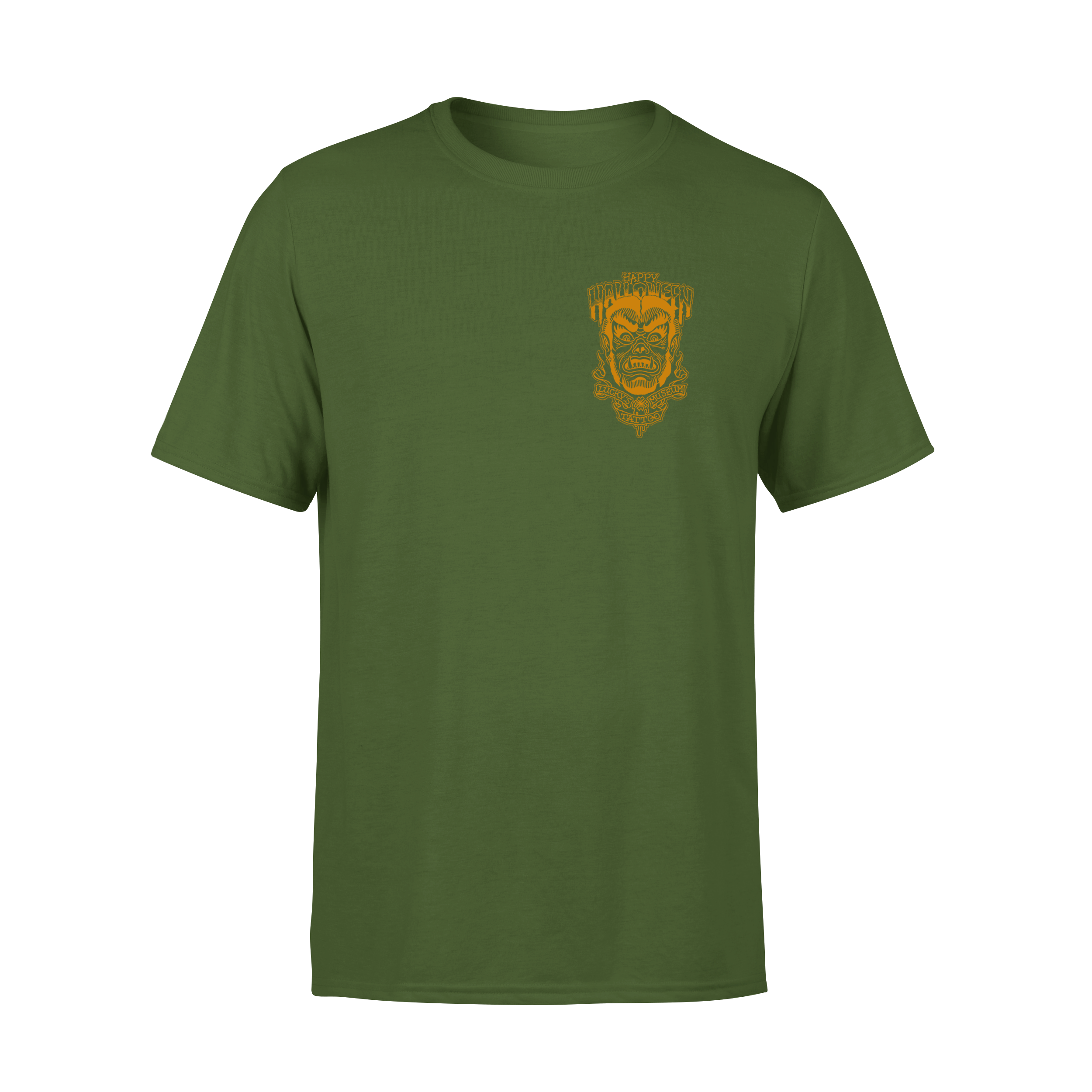 Green t-shirt with a yellow emblem on a white background