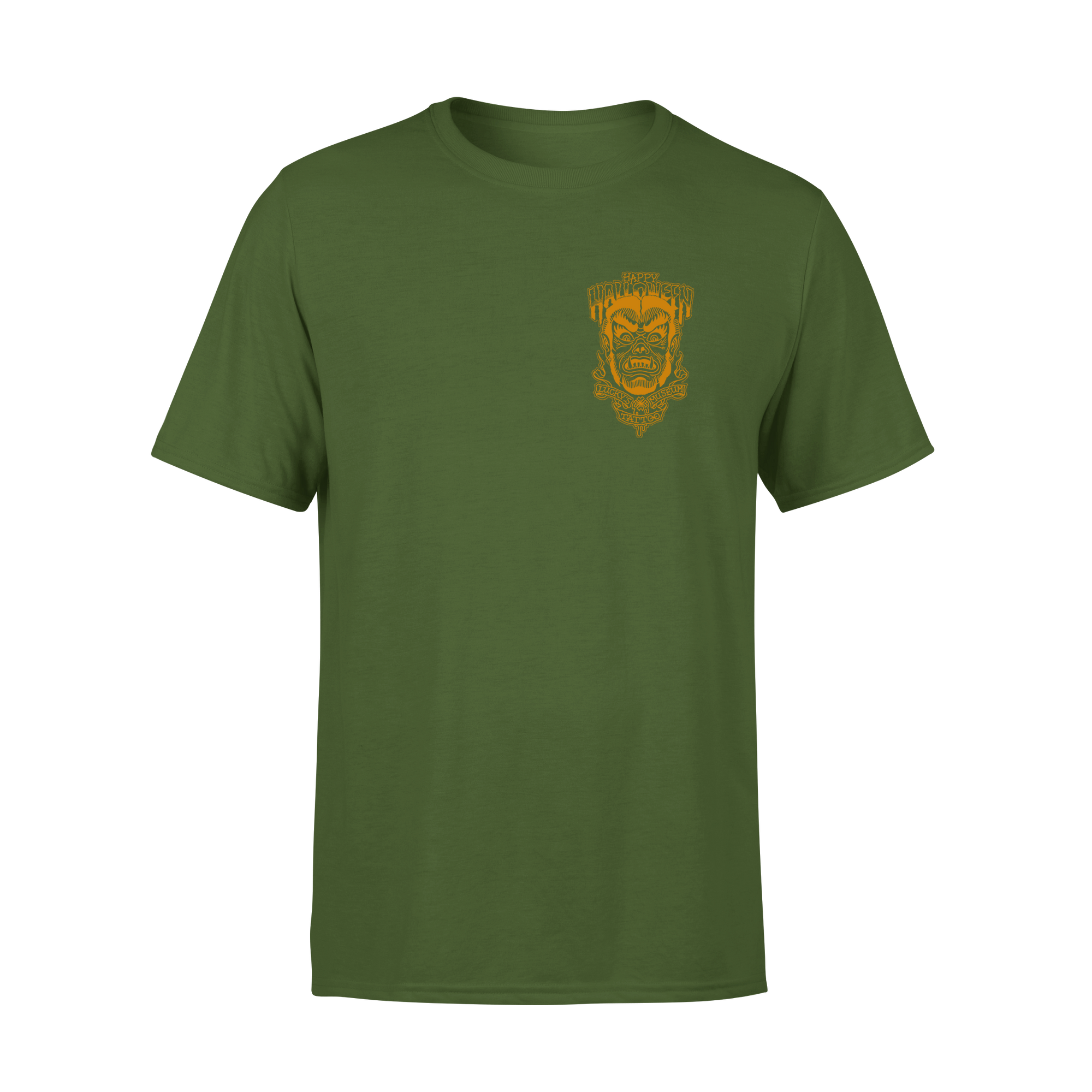 Green t-shirt with a yellow emblem on a white background