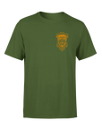 Green t-shirt with a yellow emblem on a white background