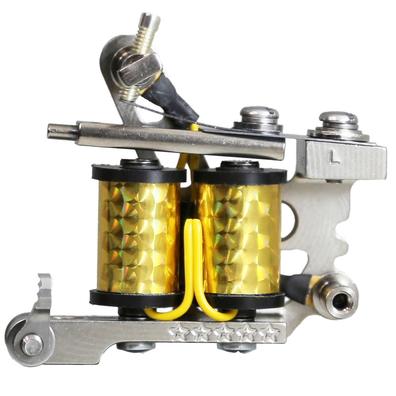 Professional liner tattoo machine gold holographic coil wrap close up