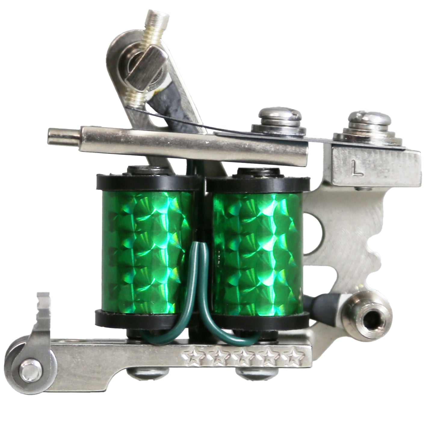 Professional liner tattoo machine green coil wrap close up