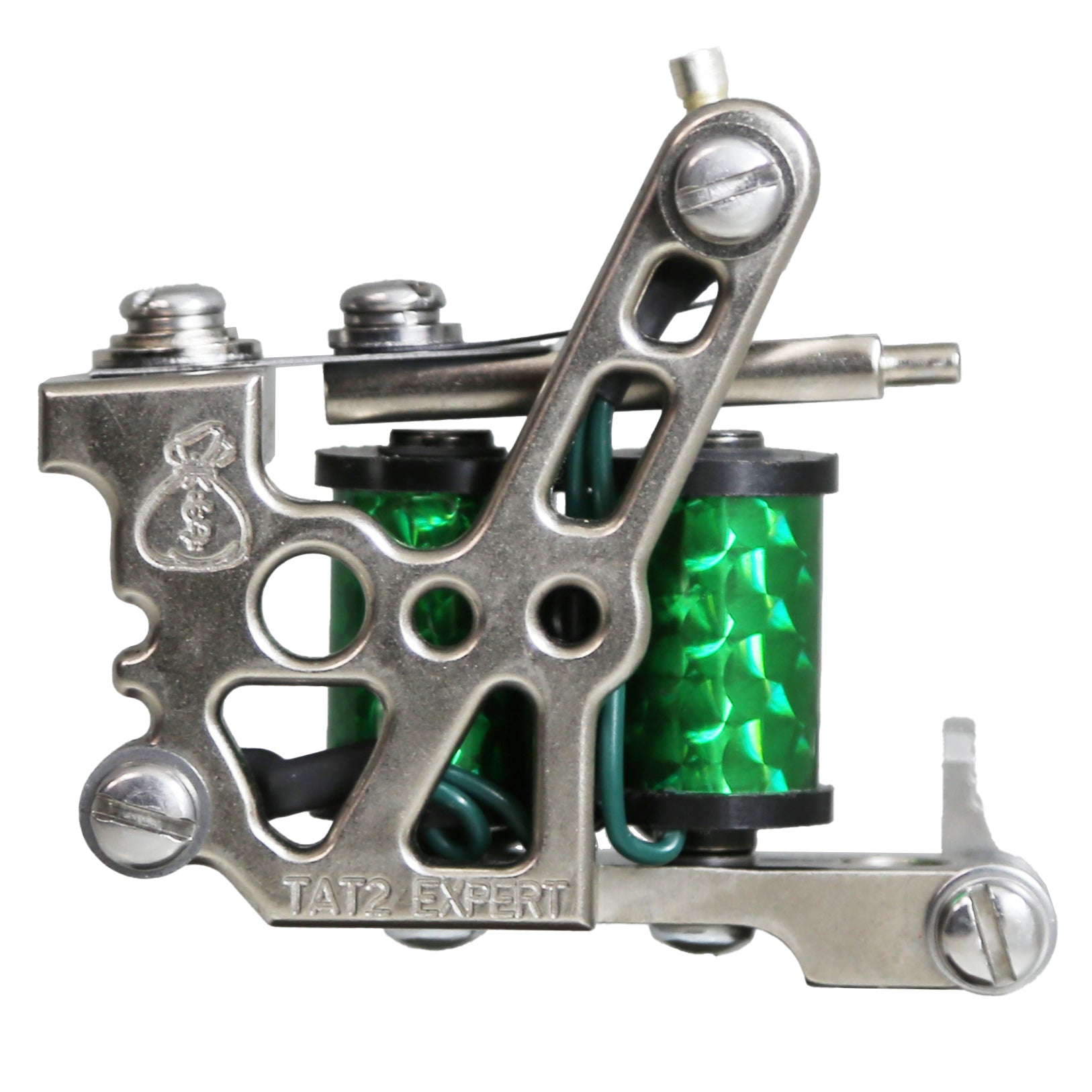 PIEW Money Maker liner tattoo machine green coils 1 1/4 inch front view