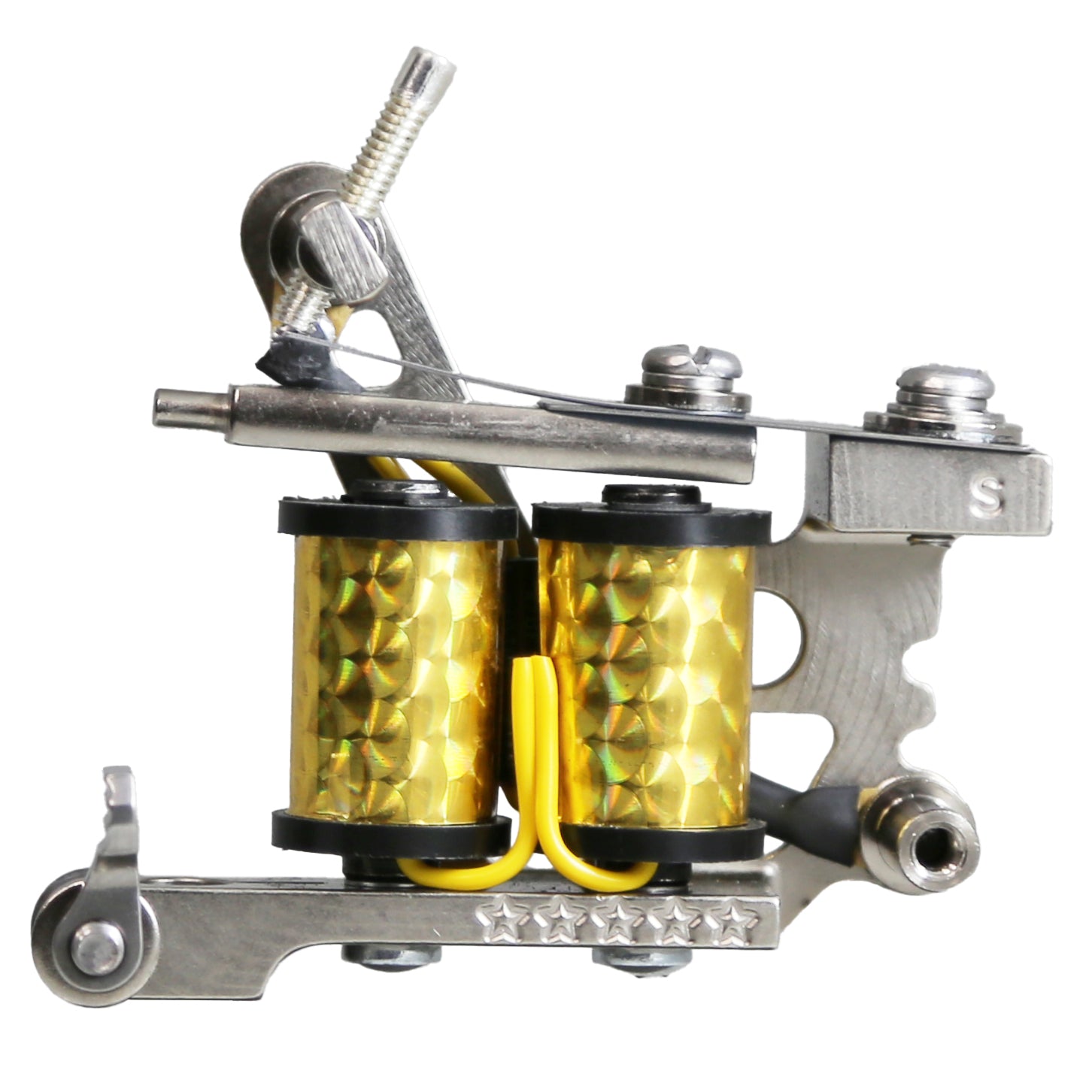 Professional tattoo shader machine gold holographic coil wrap close up