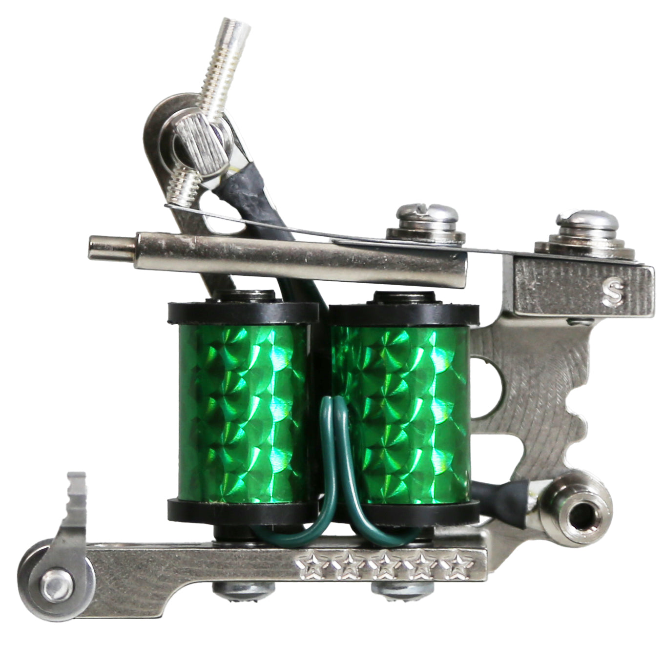 Professional tattoo shader machine green coil wrap close up