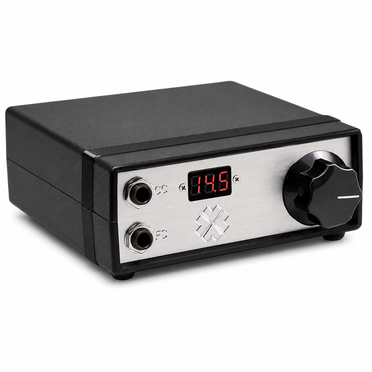 A black and silver electronic signal generator or audio device with a digital red LED display showing '14.5', a large black rotary knob, and two input jacks labeled CC and FS, set against a plain white background.