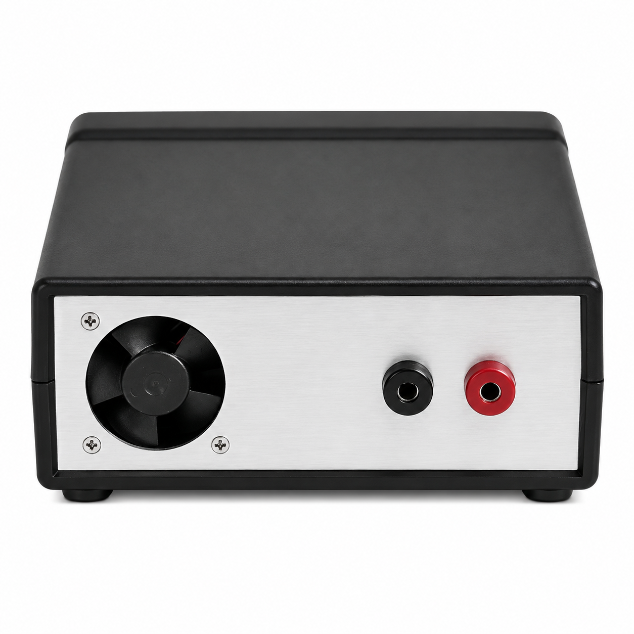 A rectangular electronic device with a black casing and a brushed silver front panel, featuring a black cooling fan on the left and two terminal connectors on the right, one black and one red.