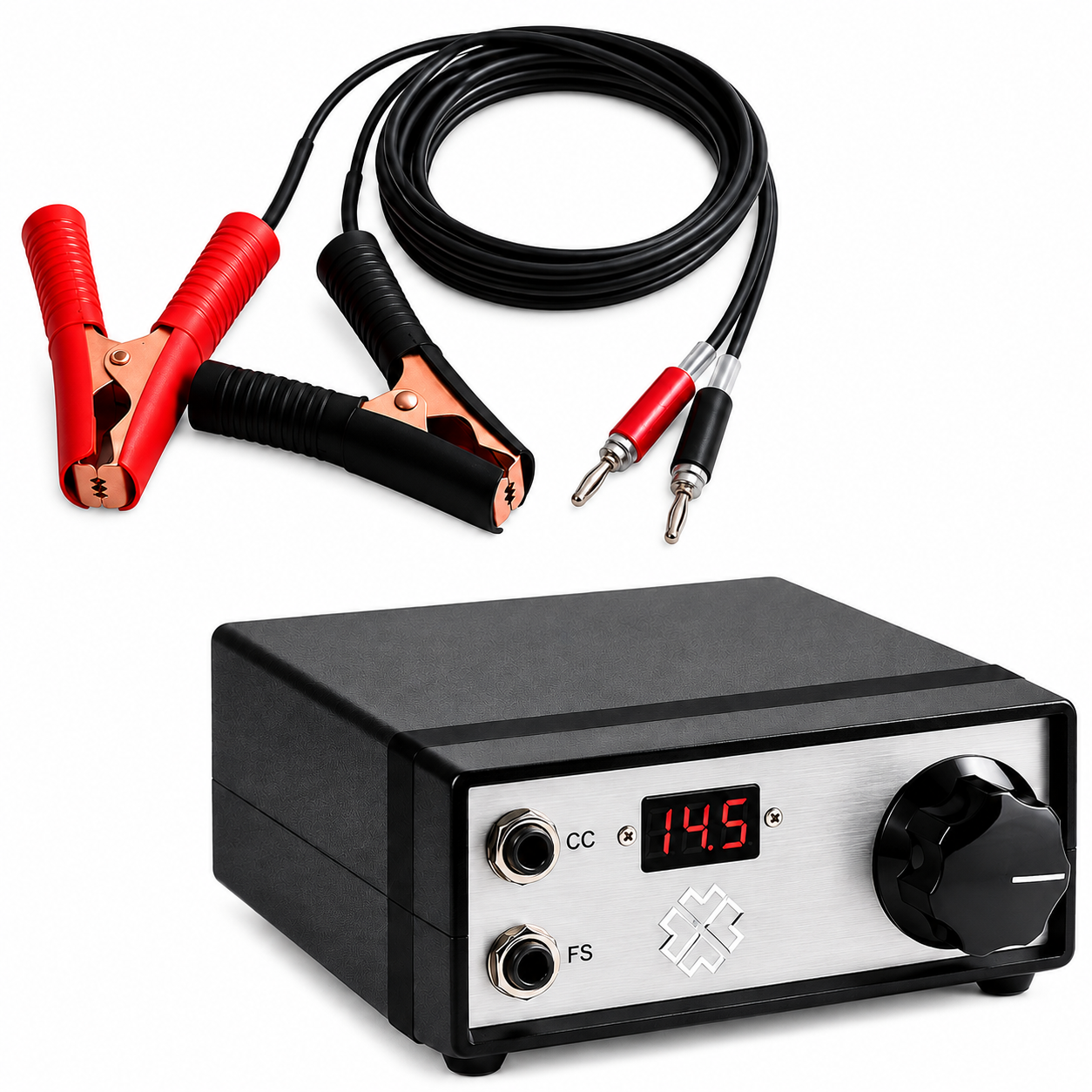 A portable electronic device with a black casing and silver front panel, shown alongside red and black alligator clips on a black cable. The device features a digital LED display showing 14.5