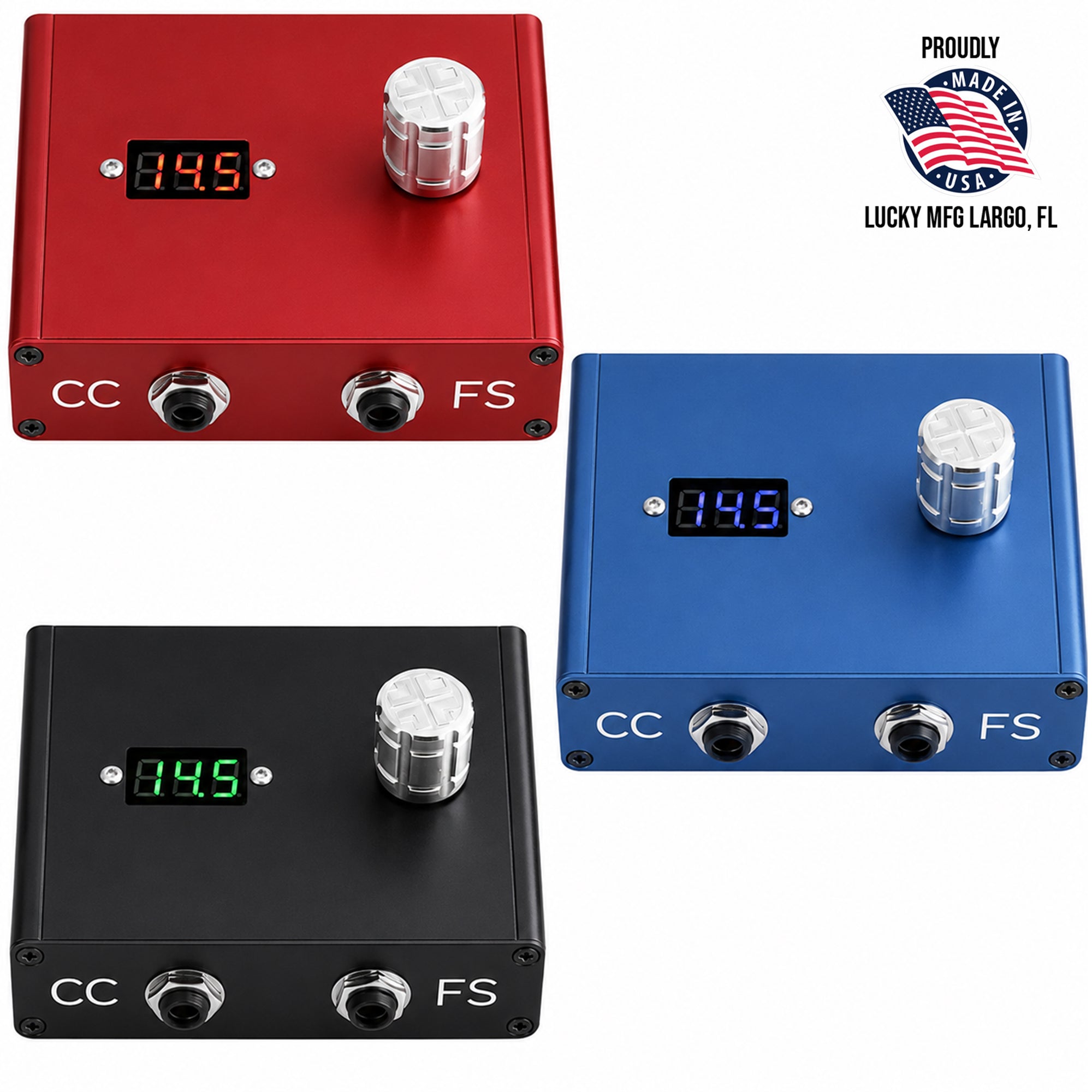 Three metal electronic control boxes shown on a white background: one red, one black, and one blue. Each box has a small digital display, a large silver rotary knob, and labeled ports CC and FS.