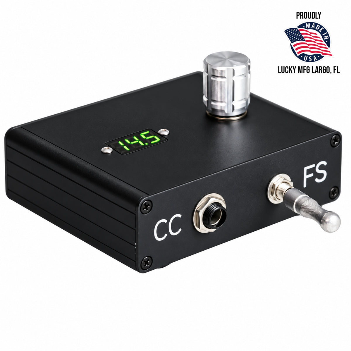Lucky Compact Tattoo Power Supply with integrated mechanical footswitch and LCD voltage display