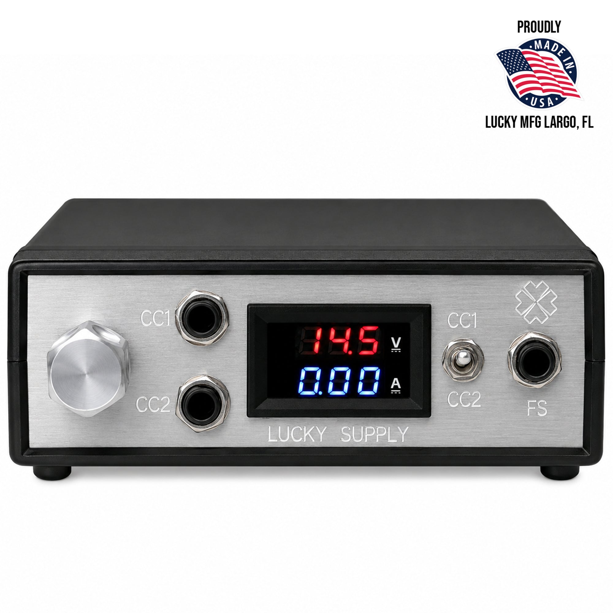 A Lucky Supply Dual CC1/CC2 power supply unit with a black chassis and a brushed silver front panel, featuring a digital display showing 14.5V and 0A.