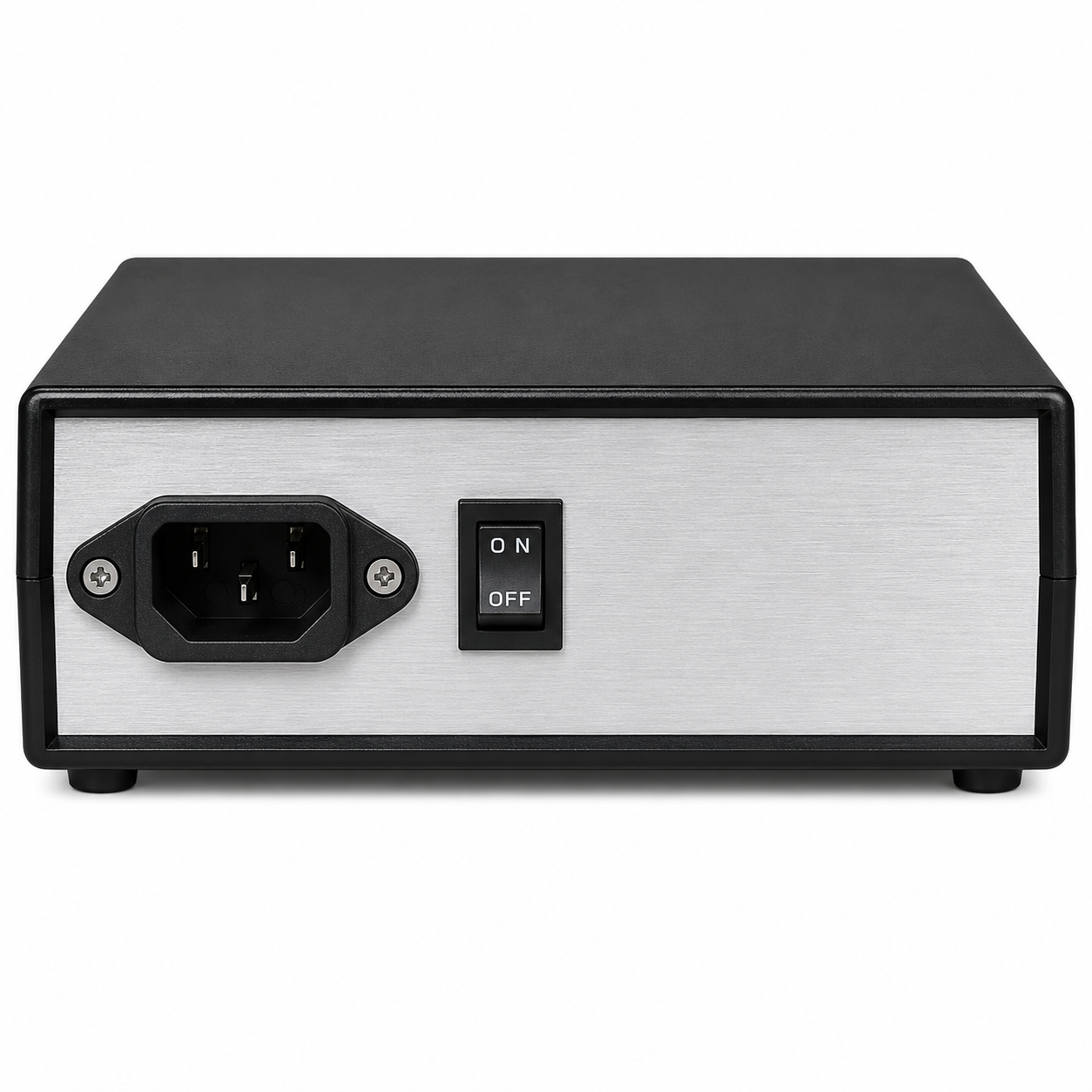 A rectangular electronic power supply or UPS unit with a brushed silver front panel, black casing, a three-pin power inlet, and a black on/off switch, shown on a plain white background.