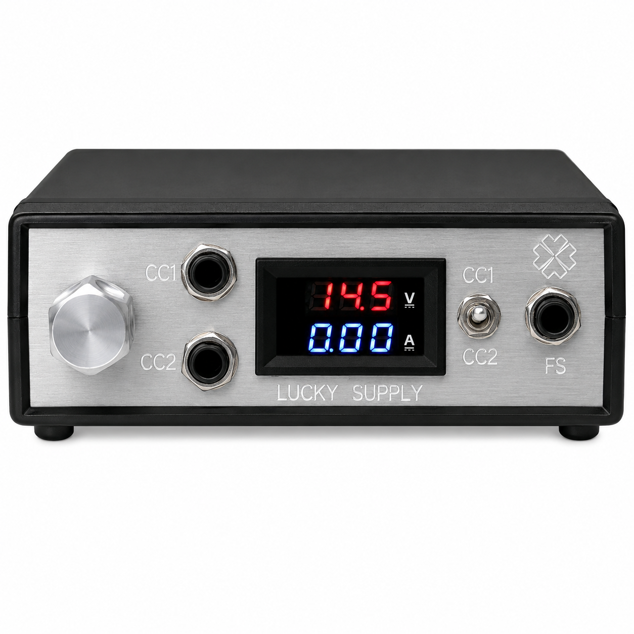 A Lucky Supply Dual power supply unit with a black chassis and a brushed silver front panel. The front features a central digital display showing 14.