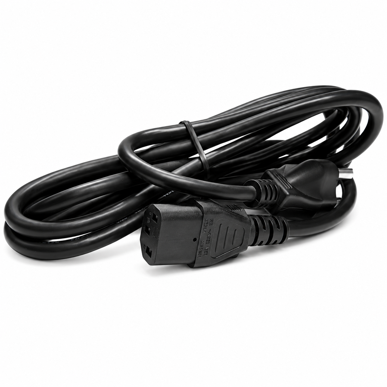 A coiled black power cord with a three-prong IEC plug and a standard wall plug, photographed on a clean white background.