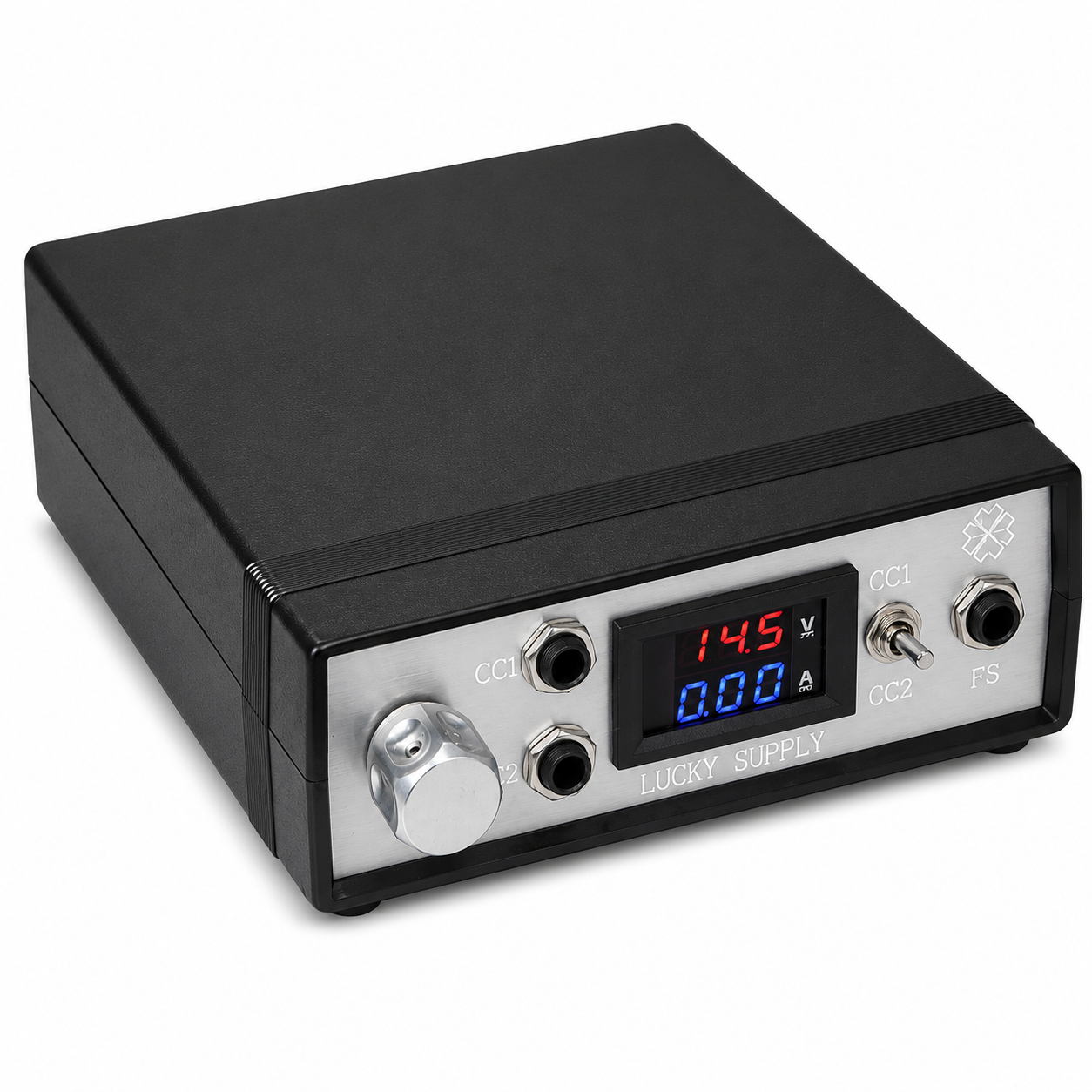 A Lucky Supply power supply unit with a black metal casing, a silver front panel, a digital display showing 14.5V and 0A.