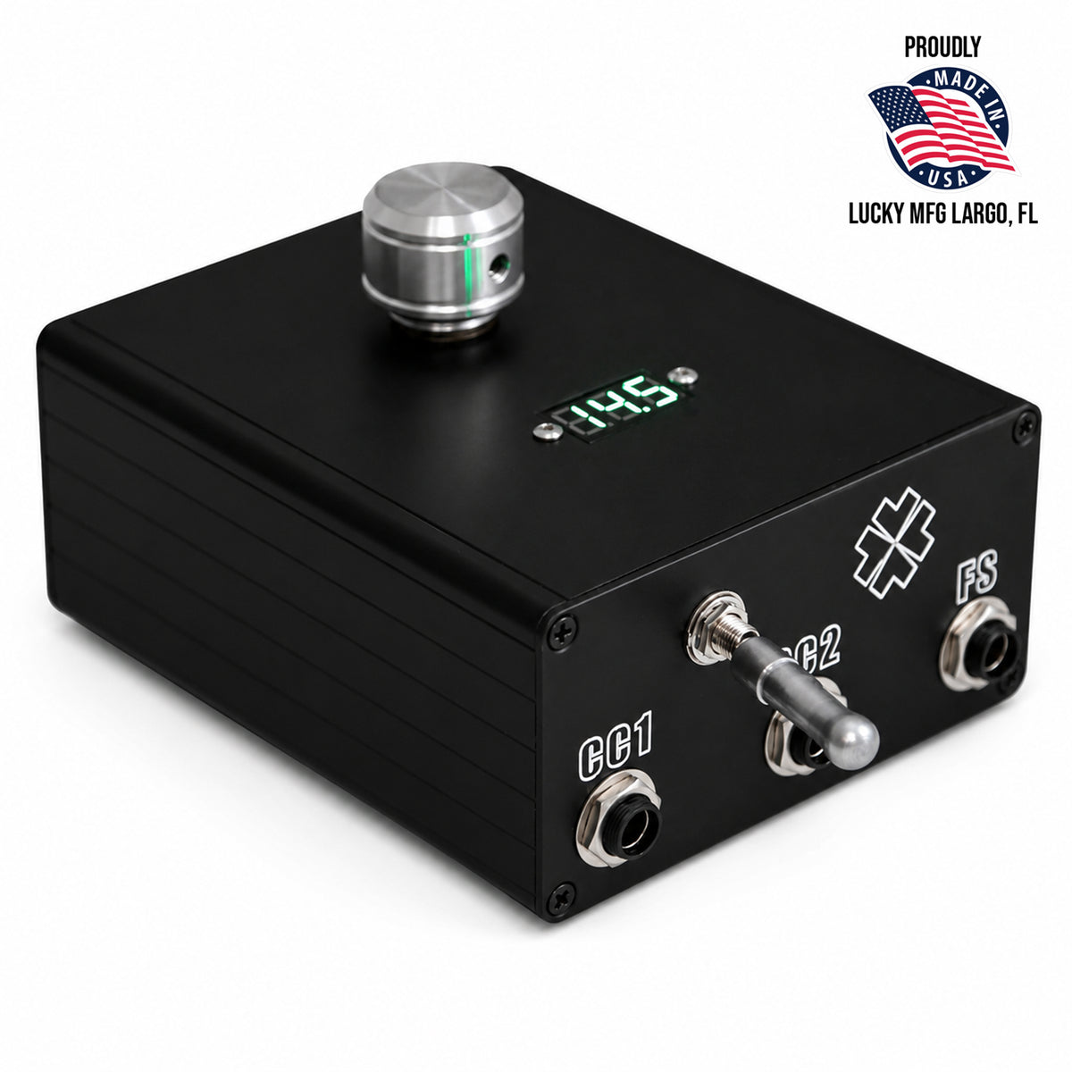 Lucky Mfg Compact Dual Tattoo Power Supply with dual clip cord connections and LED voltage display