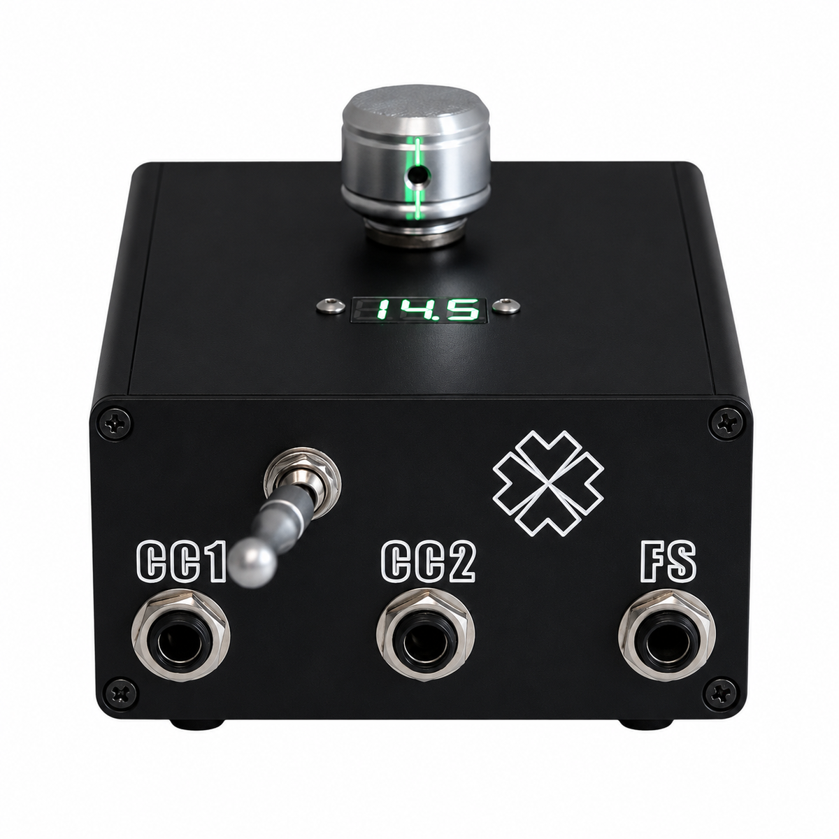 Front view of Lucky Compact Dual Tattoo Power Supply showing voltage display and precision adjustment knob