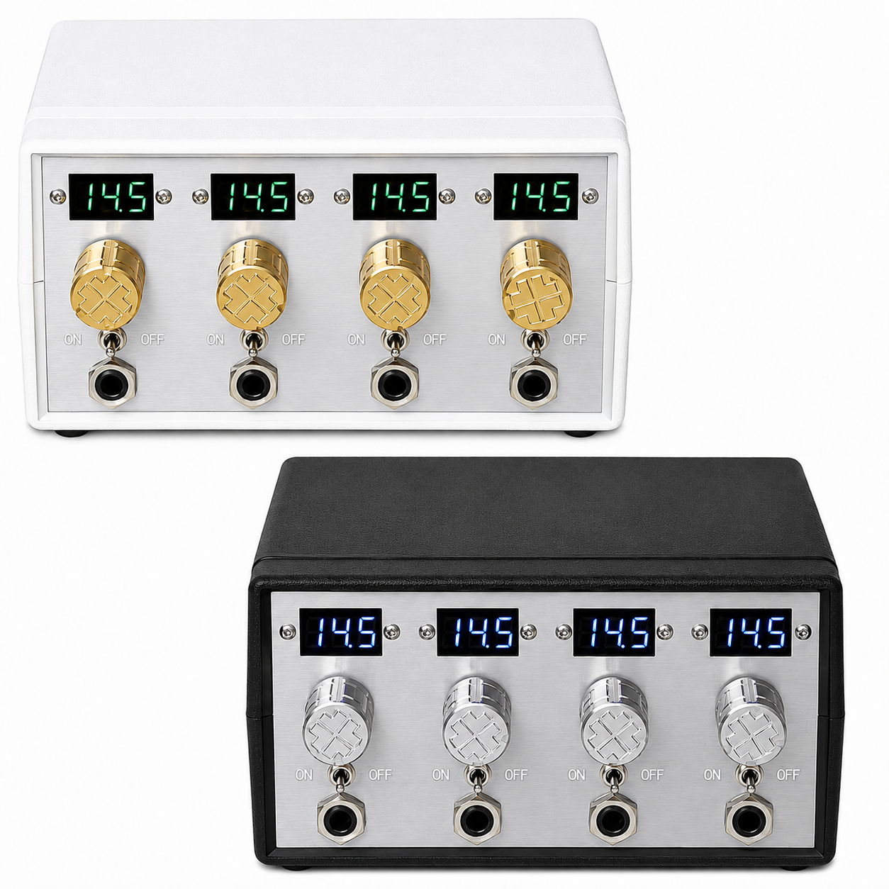 A 4-channel electronic signal or power distribution box with a black textured top and front bezel, a brushed silver metal faceplate, four blue LED displays showing 14.5, and four silver rotary knobs with hexagonal jacks.