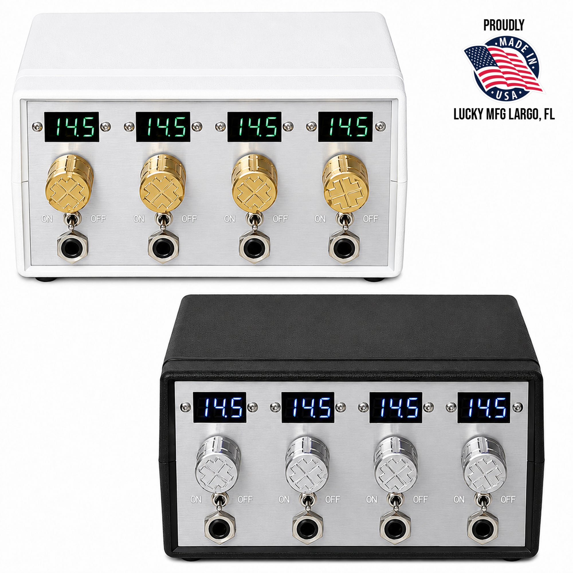 A 4-channel electronic signal or power distribution box with a black textured top and front bezel, a brushed silver metal faceplate, four blue LED displays showing 14.5, and four silver rotary knobs with hexagonal jacks.