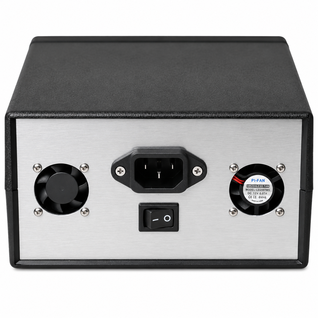 A 4-channel electronic signal or power distribution box with a black textured top and front bezel, a brushed silver metal faceplate, four blue LED displays showing 14.5, and four silver rotary knobs with hexagonal jacks.