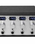 A 4-channel electronic signal or power distribution box with a black textured top and front bezel, a brushed silver metal faceplate, four blue LED displays showing 14.5, and four silver rotary knobs with hexagonal jacks.