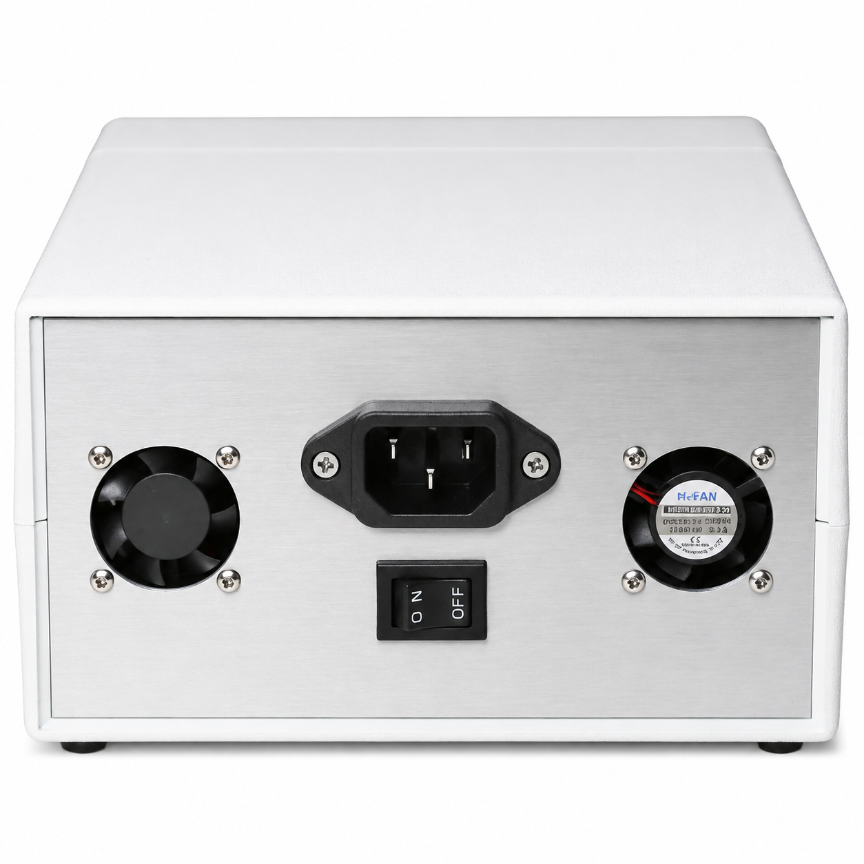 A 4-channel electronic signal or power distribution box with a black textured top and front bezel, a brushed silver metal faceplate, four blue LED displays showing 14.5, and four silver rotary knobs with hexagonal jacks.