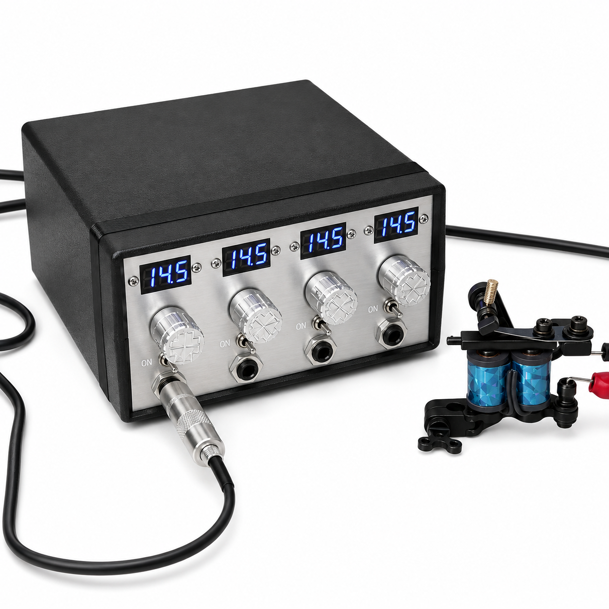 A 4-channel electronic signal or power distribution box with a black textured top and front bezel, a brushed silver metal faceplate, four blue LED displays showing 14.5, and four silver rotary knobs with hexagonal jacks.