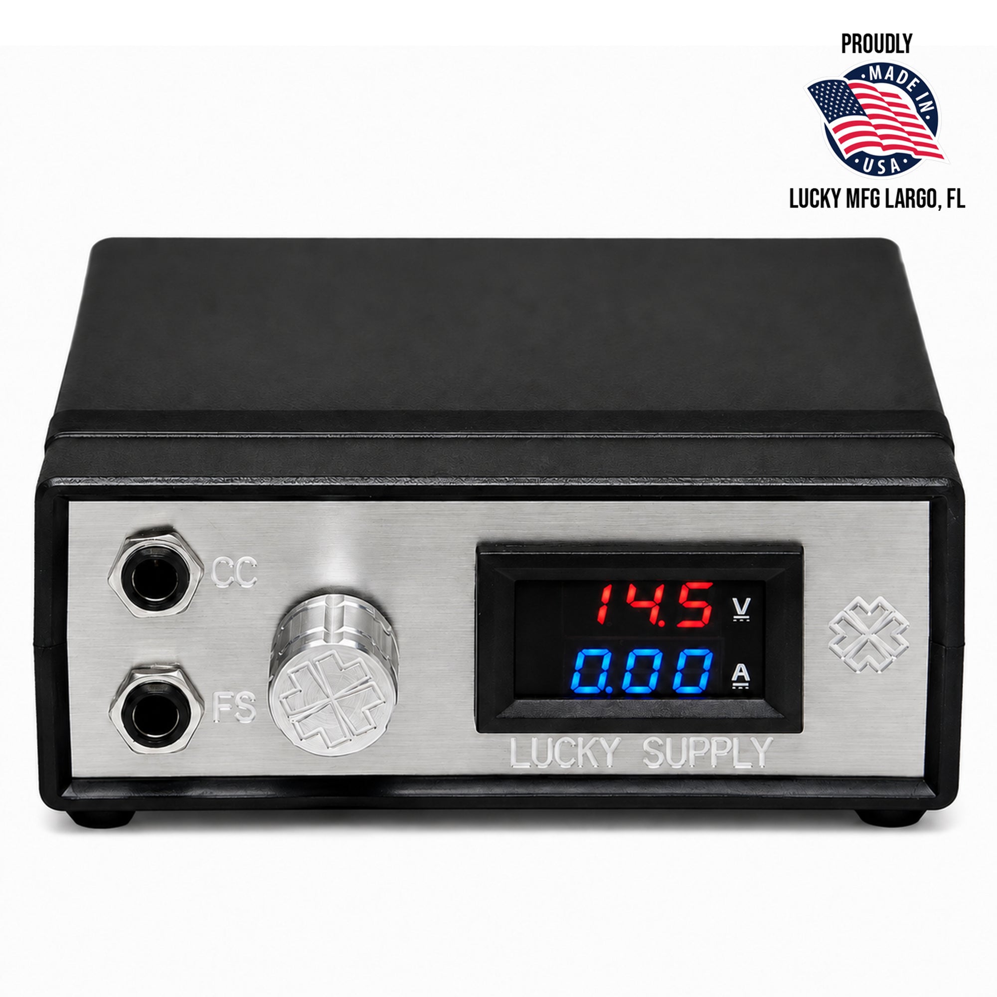 A Lucky Supply DC power supply unit shown from both front and back angles. The unit has a brushed silver metal faceplate with a black plastic frame, featuring a digital LED display showing 14.