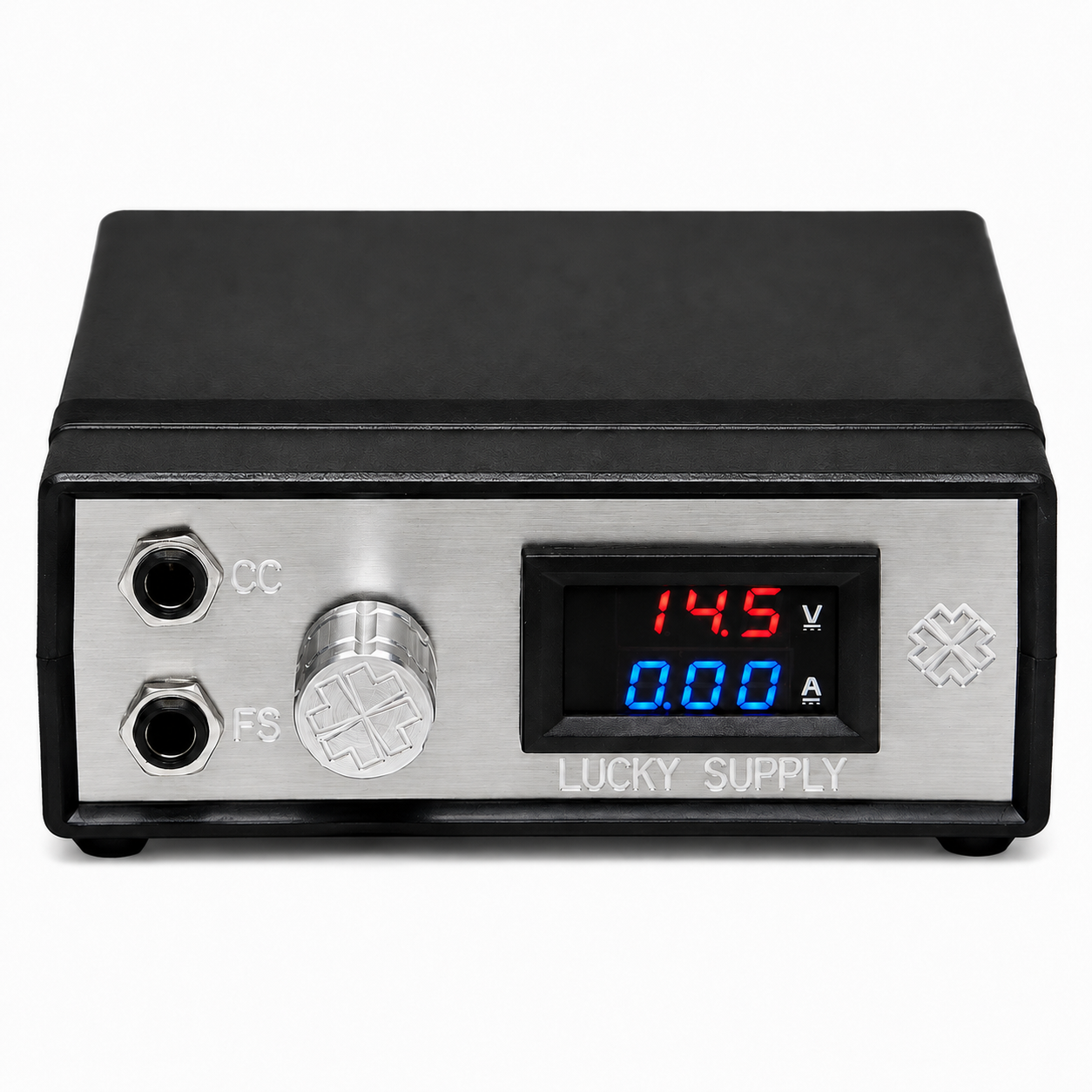 A Lucky Supply DC power supply unit shown from both front and back angles. The unit has a brushed silver metal faceplate with a black plastic frame, featuring a digital LED display showing 14.