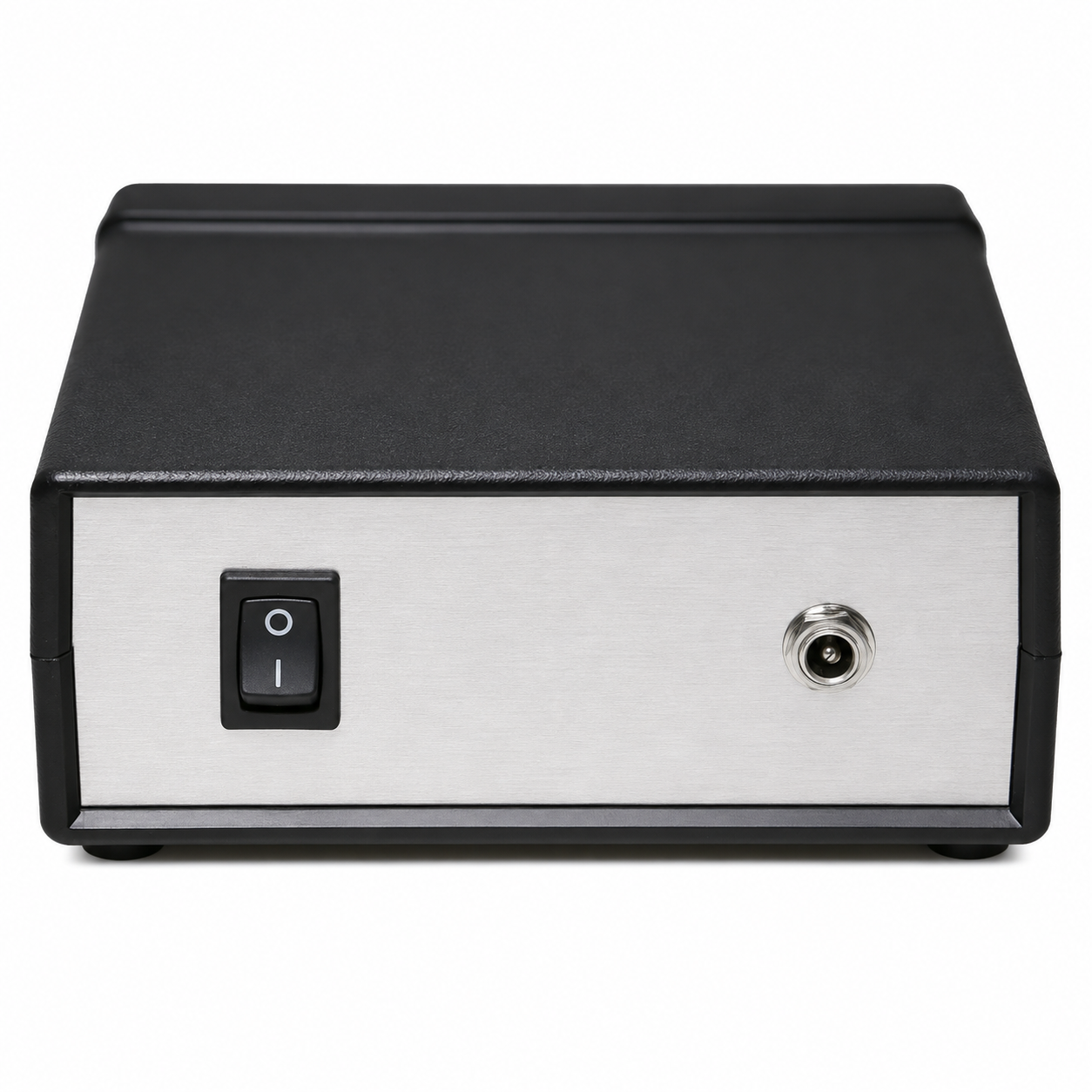 A Lucky Supply DC power supply unit shown from both front and back angles. The unit has a brushed silver metal faceplate with a black plastic frame, featuring a digital LED display showing 14.