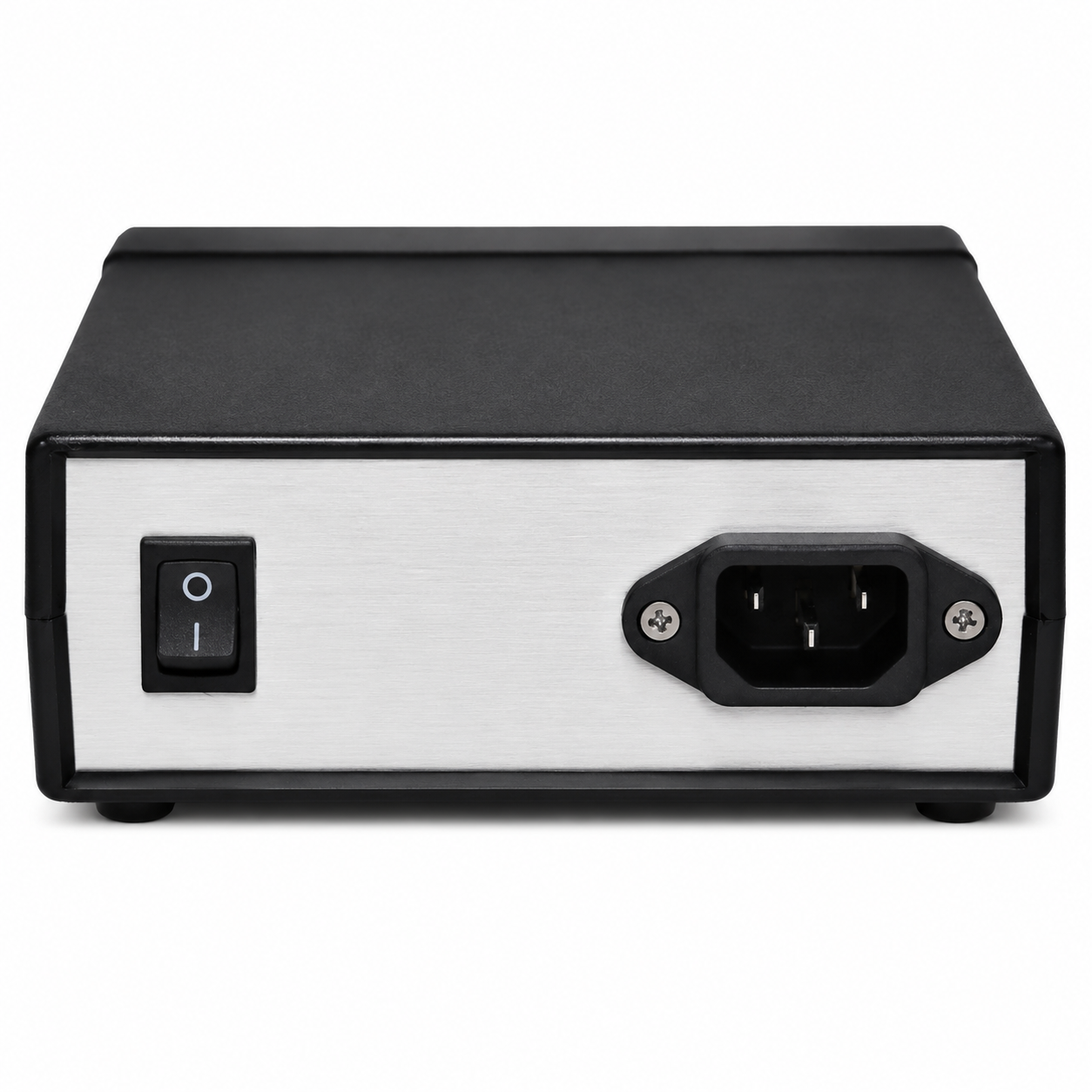 A Lucky Supply DC power supply unit shown from both front and back angles. The unit has a brushed silver metal faceplate with a black plastic frame, featuring a digital LED display showing 14.