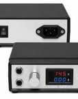 A Lucky Supply DC power supply unit shown from both front and back angles. The unit has a brushed silver metal faceplate with a black plastic frame, featuring a digital LED display showing 14.