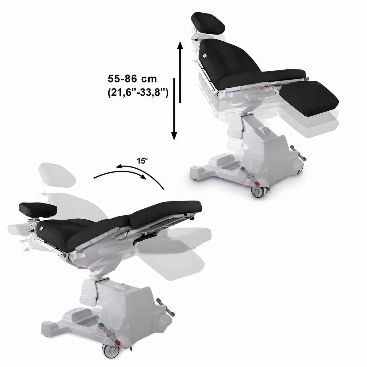 Lemi Monza Move Power Procedure Chair with mobile locking caster base and Black medical-grade upholstery.