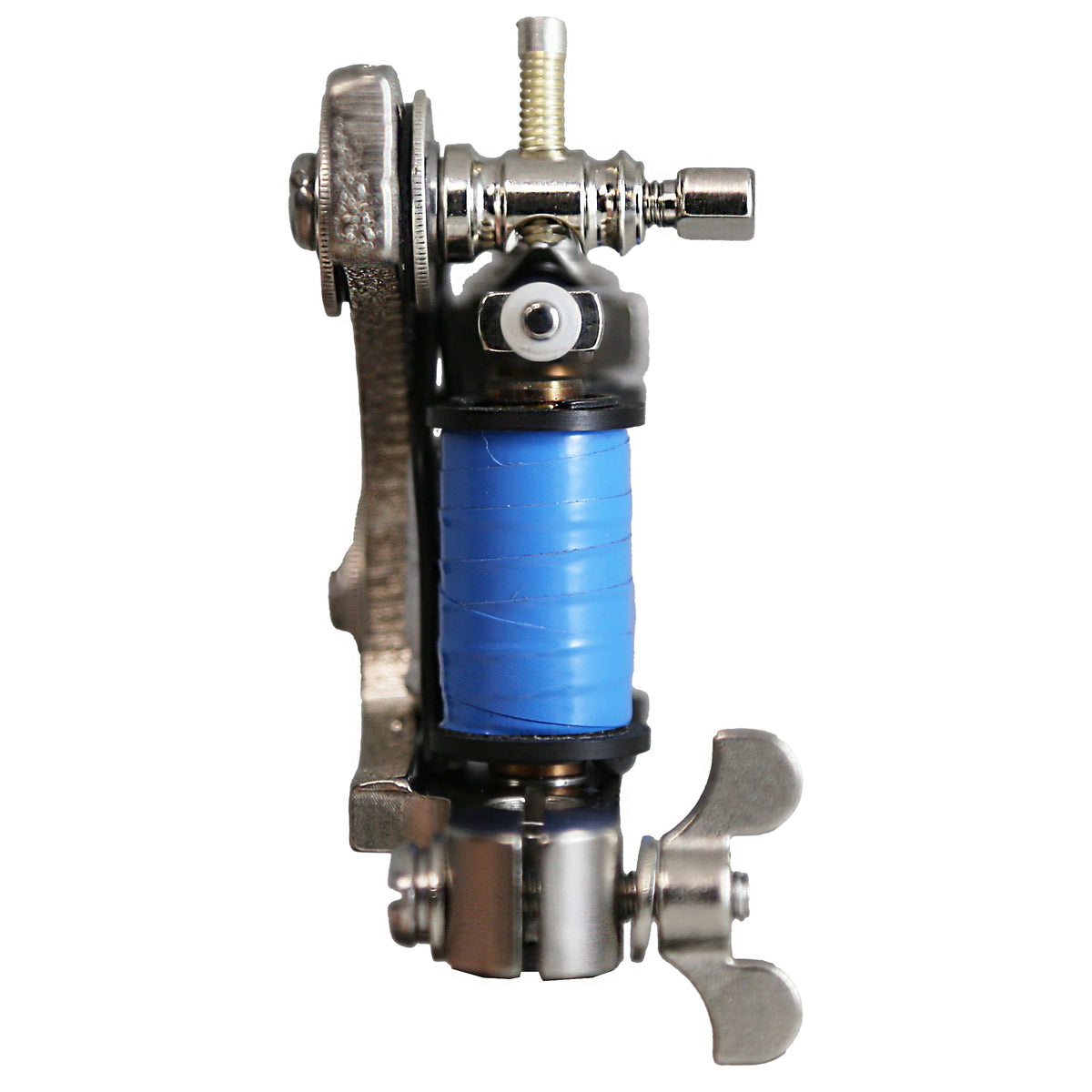 Rollomatic liner tattoo machine showing frame and tube-vise alignment