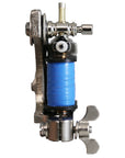 Rollomatic liner tattoo machine showing frame and tube-vise alignment