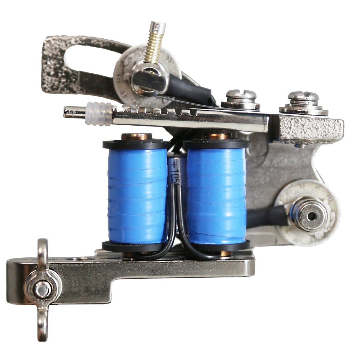 Rollomatic liner coil tattoo machine with nickel finish and blue coil wrap