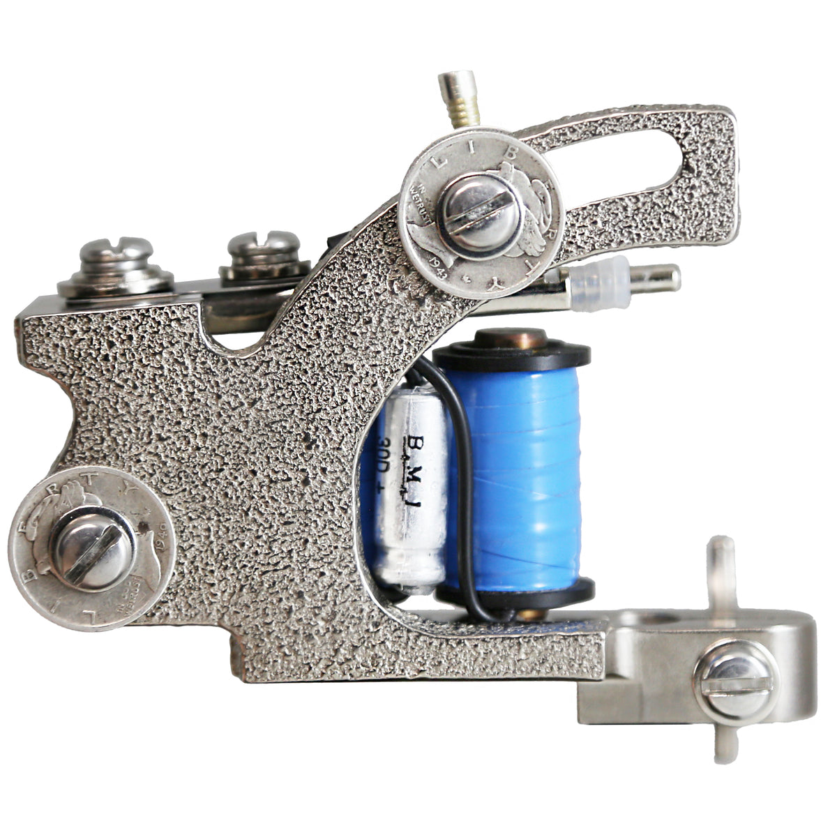 Rollomatic liner tattoo machine with textured nickel frame and coin-style hardware