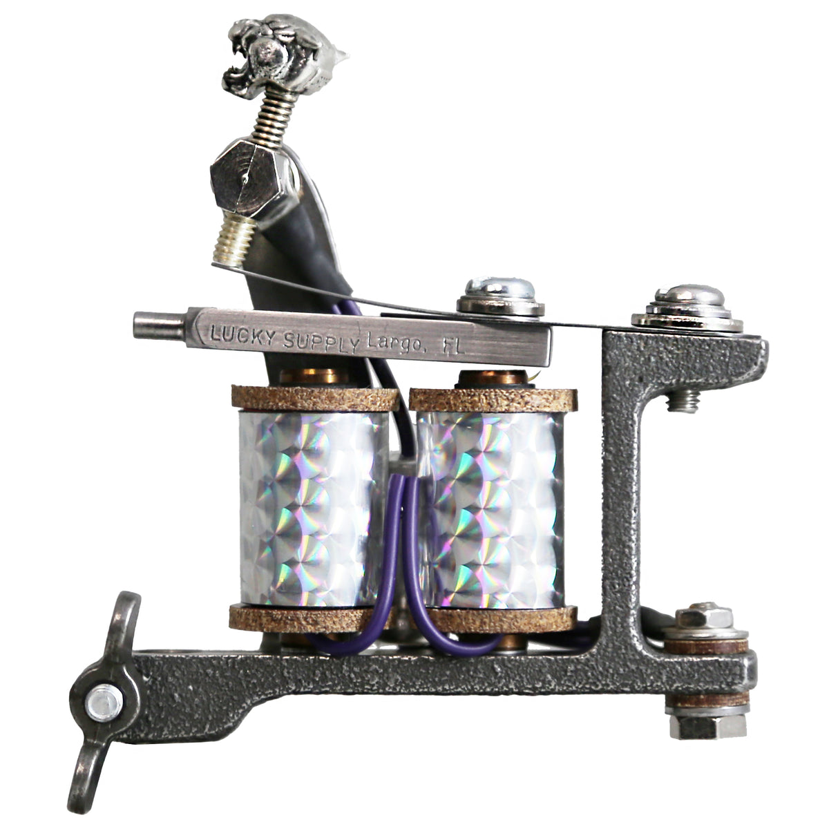 Sailor Jerry Bulldog casted iron shader with holographic 1 1/4 inch coils and purple wiring – coil side