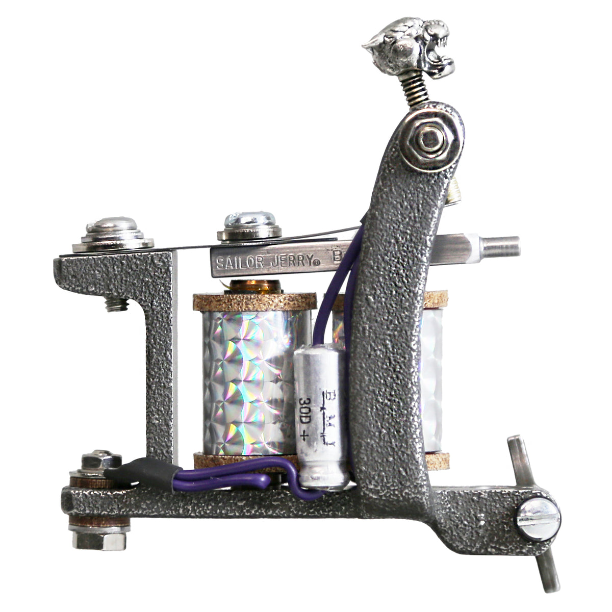 Lucky MFG Sailor Jerry Bulldog casted iron coil shader tattoo machine with panther detail – frame side
