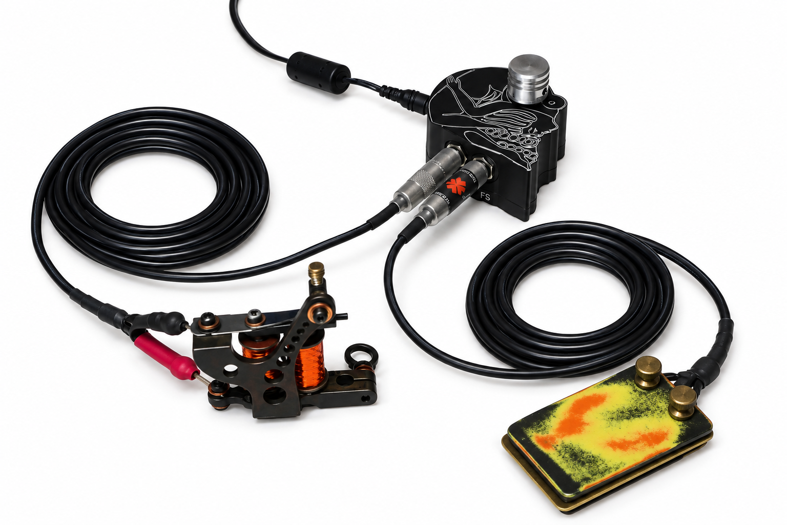Lucky's Custom Tattoo Power Supply setup with tattoo machine, clip cord and foot switch