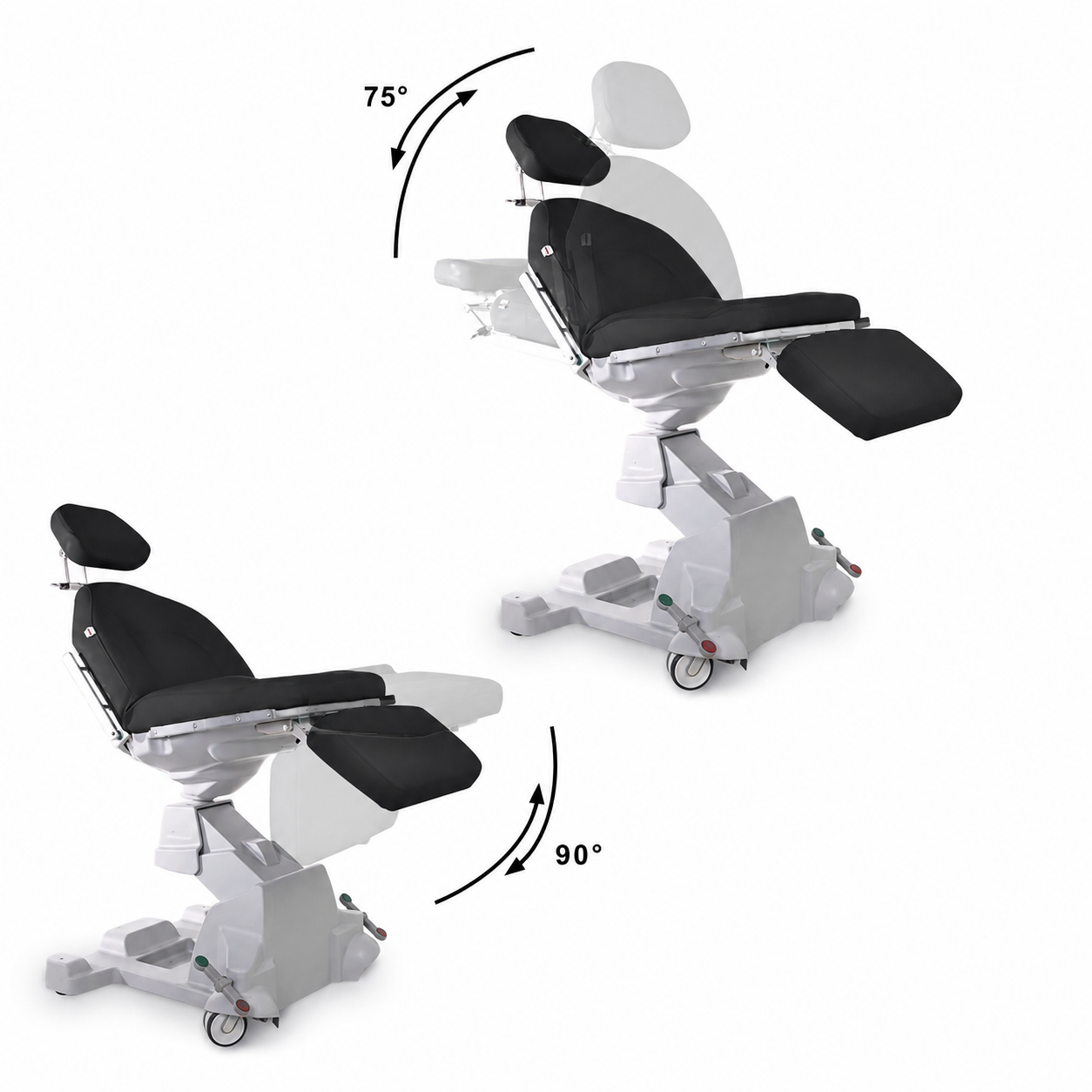 Lemi Monza Move Power Procedure Chair with mobile locking caster base and Black medical-grade upholstery.